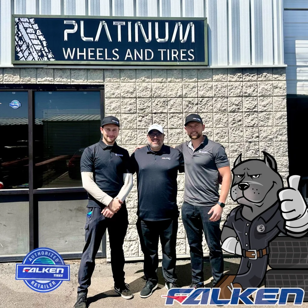 Simon, a Falken Tires representative, and Thomas in front of the Platinum Wheels and Tires storefront after joining the Falken Fanatic Authorized Retailer Program